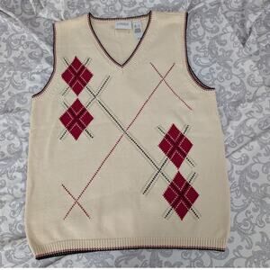 Liz Claiborne Cream V-Neck Argyle Sweater Vest with Red Accents